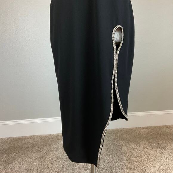XSCAPE Women's Cocktail Dress Size 6 Black One Shoulder Beaded Midi Sheath - Picture 9 of 14